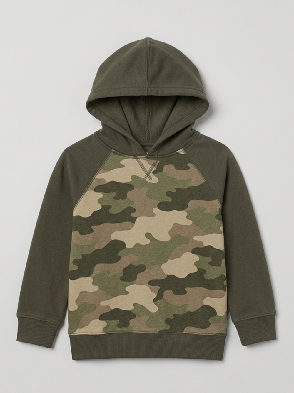 Jumping Beans Boys Camo Raglan Pullover Fleece Hoodie Olive Green Khaki 24M